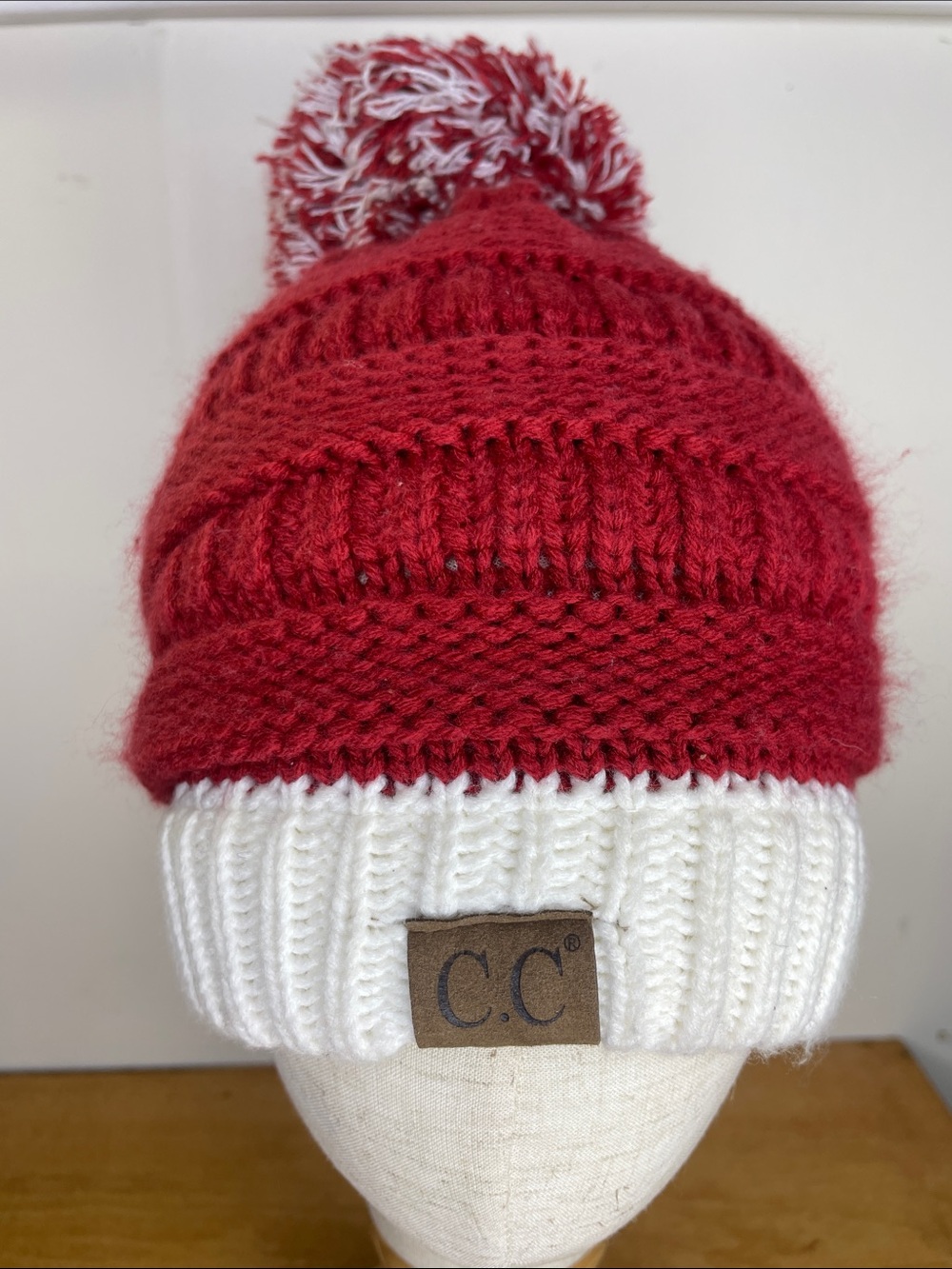 C.C Red Knit Beanie with White Cuff and Pom